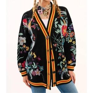 NWT Aratta Black Cardigan with Multicolor Floral Embroidery